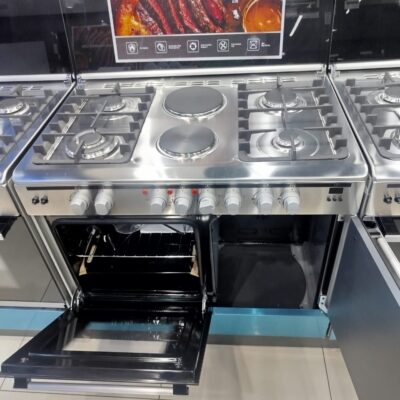 HAIER COOKER 90 BY 60 4 GAS 2 ELECTRIC  60L ELECTRIC OVEN  GAS COMPARTMENT  1 WOK BURNER JET VALVE