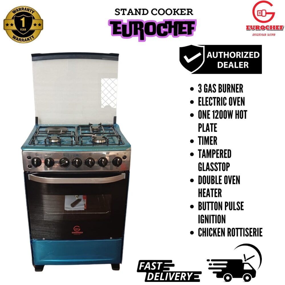 EUROCHEF COOKER 60 BY 65 3 GAS 1 ELECTRIC ELECTRIC OVEN JET VALVE 30,000